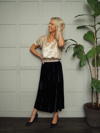 Mimi Velvet Skirt with Gold Lurex Elasticated Waistband by Luella - Black, Navy Blue