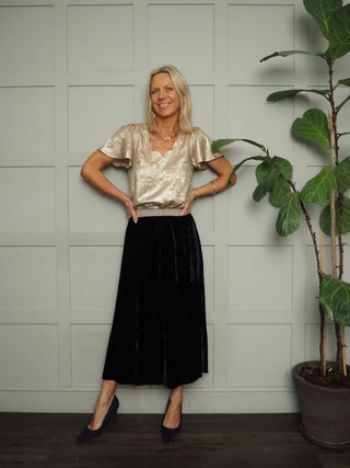 Mimi Velvet Skirt with Gold Lurex Elasticated Waistband by Luella - Black, Navy Blue