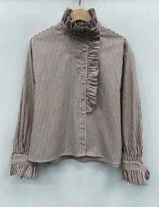 Hoxton Stripe Blouse with Ruffle Details - Chocolate, Navy Blue