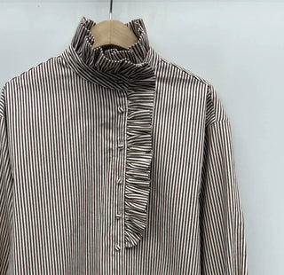 Hoxton Stripe Blouse with Ruffle Details - Chocolate, Navy Blue
