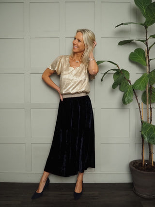 Mimi Velvet Skirt with Gold Lurex Elasticated Waistband by Luella - Black, Navy Blue