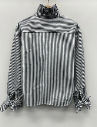 Hoxton Stripe Blouse with Ruffle Details - Chocolate, Navy Blue