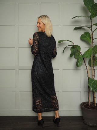 Morelle Round Neck Lace Maxi Dress with Silvery Shimmer &amp; Sheer Sleeves, by B Young - Black