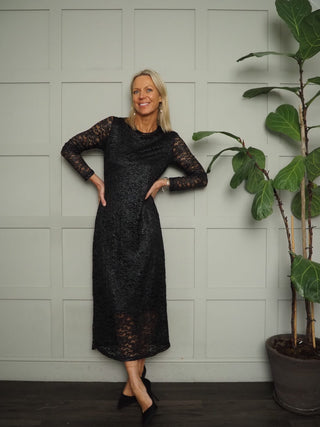 Morelle Round Neck Lace Maxi Dress with Silvery Shimmer &amp; Sheer Sleeves, by B Young - Black