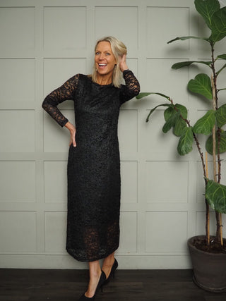 Morelle Round Neck Lace Maxi Dress with Silvery Shimmer &amp; Sheer Sleeves, by B Young - Black