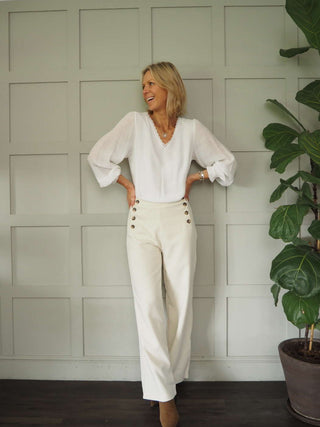 Samoa Cotton Mix Trousers - Ecru, Petrol Blue