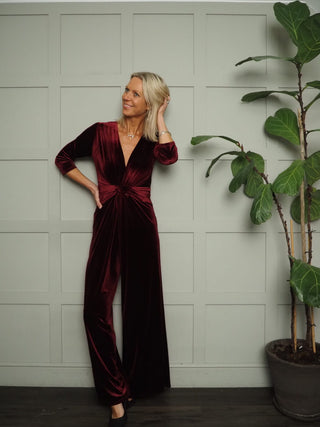Holly Velvety Feel Jumpsuit with Cropped Sleeve, Wide Leg &amp; Ruched Waistline - Black, Burgundy, Charcoal, Khaki and Navy Blue