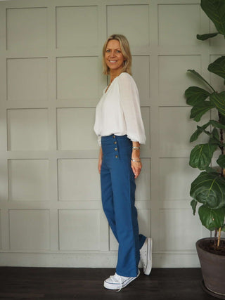 Samoa Cotton Mix Trousers - Ecru, Petrol Blue