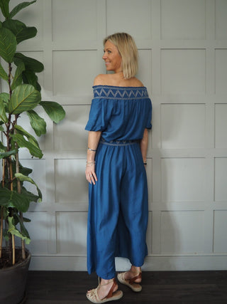 Lovika 'Off the Shoulder' Top and Trouser Set - Blue and Off White