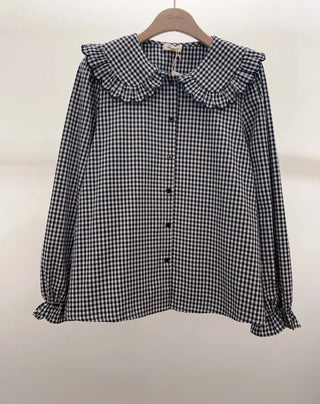 Wynter Gingham Blouse with Scalloped Peter Pan Collar - Navy Blue, Red
