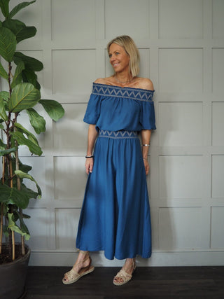 Lovika 'Off the Shoulder' Top and Trouser Set - Blue and Off White