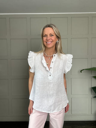 Indi Linen Blouse with Ruffle Details - Baby Blue, Navy Blue, Pale Pink, Stone, White