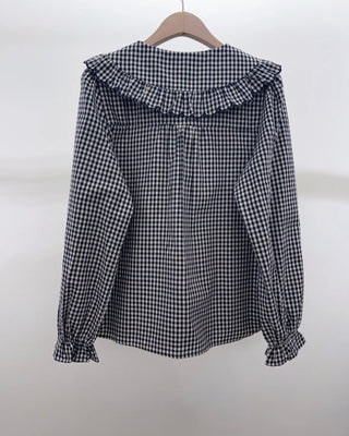Wynter Gingham Blouse with Scalloped Peter Pan Collar - Navy Blue, Red