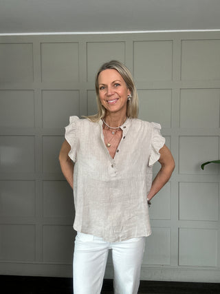 Indi Linen Blouse with Ruffle Details - Baby Blue, Navy Blue, Pale Pink, Stone, White