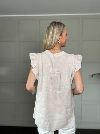 Indi Linen Blouse with Ruffle Details - Baby Blue, Navy Blue, Pale Pink, Stone, White