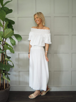 Lovika 'Off the Shoulder' Top and Trouser Set - Blue and Off White