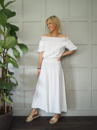 Lovika 'Off the Shoulder' Top and Trouser Set - Blue and Off White