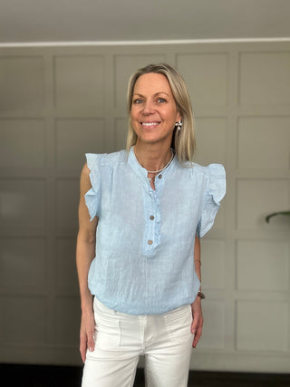 Indi Linen Blouse with Ruffle Details - Baby Blue, Navy Blue, Pale Pink, Stone, White