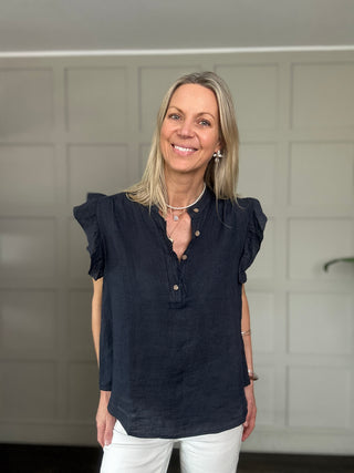 Indi Linen Blouse with Ruffle Details - Baby Blue, Navy Blue, Pale Pink, Stone, White