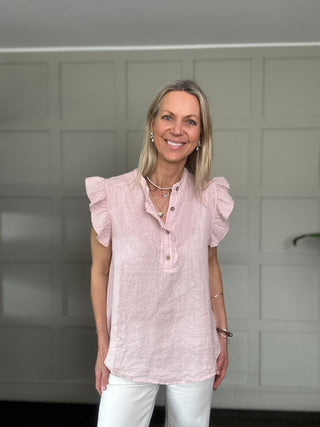 Indi Linen Blouse with Ruffle Details - Baby Blue, Navy Blue, Pale Pink, Stone, White