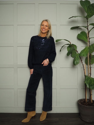 Dasik Cropped Wide Leg Corduroy Trousers by BYoung - Navy Blue