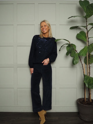 Dasik Cropped Wide Leg Corduroy Trousers by BYoung - Navy Blue