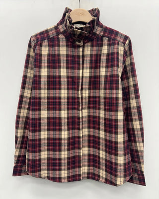 Sully Tartan Blouse with Ruffle Collar  - Burgundy, Chocolate