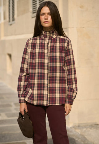 Sully Tartan Blouse with Ruffle Collar  - Burgundy, Chocolate