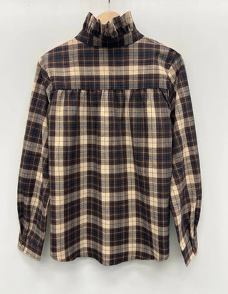 Sully Tartan Blouse with Ruffle Collar  - Burgundy, Chocolate