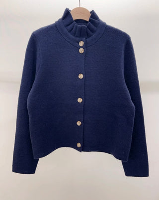 Lucy Cardigan with Pleated Collar - Burgundy, Chocolate, Khaki, Navy Blue