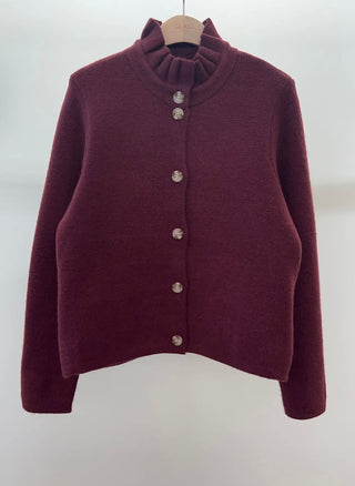 Lucy Cardigan with Pleated Collar - Burgundy, Chocolate, Khaki, Navy Blue