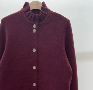 Lucy Cardigan with Pleated Collar - Burgundy, Chocolate, Khaki, Navy Blue