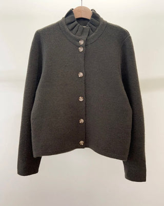 Lucy Cardigan with Pleated Collar - Burgundy, Chocolate, Khaki, Navy Blue
