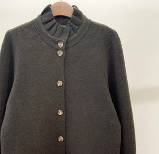 Lucy Cardigan with Pleated Collar - Burgundy, Chocolate, Khaki, Navy Blue