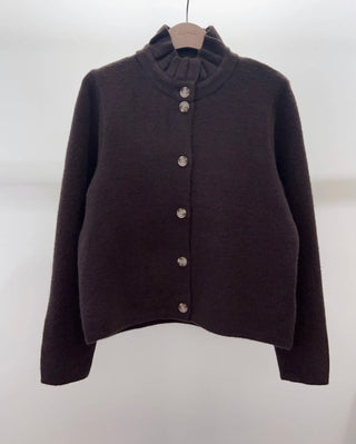 Lucy Cardigan with Pleated Collar - Burgundy, Chocolate, Khaki, Navy Blue
