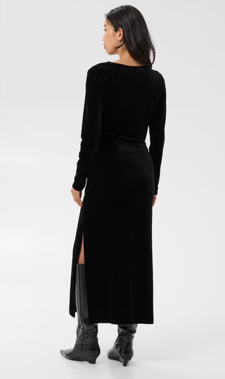 Dichte Velvet Long Sleeve Dress with Side Split by Part Two - Black, Blue, Chocolate
