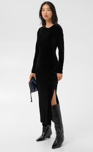 Dichte Velvet Long Sleeve Dress with Side Split by Part Two - Black, Blue, Chocolate