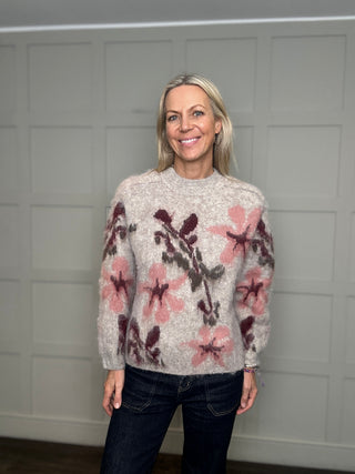 Ulice Floral Jumper by Saint Tropez - Oatmeal/Burgundy/Pink