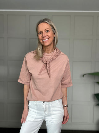 St Louis T Shirt with Crochet Scarf - Dusky Pink, Ecru