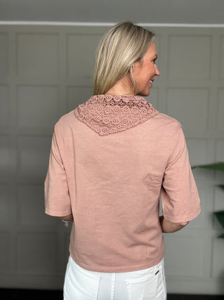 St Louis T Shirt with Crochet Scarf - Dusky Pink, Ecru