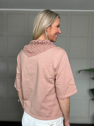 St Louis T Shirt with Crochet Scarf - Dusky Pink, Ecru