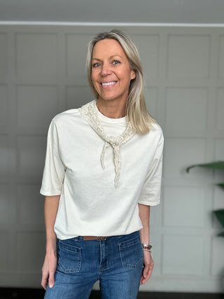 St Louis T Shirt with Crochet Scarf - Dusky Pink, Ecru