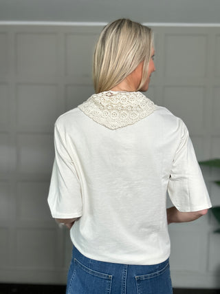 St Louis T Shirt with Crochet Scarf - Dusky Pink, Ecru