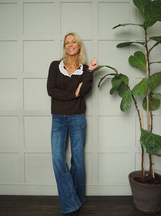 Tamara Long Sleeve Wool Mix V Neck Jumper with Broderie Anglaise Detail - Chocolate, Denim Blue, Mint Green