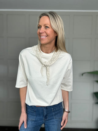 St Louis T Shirt with Crochet Scarf - Dusky Pink, Ecru