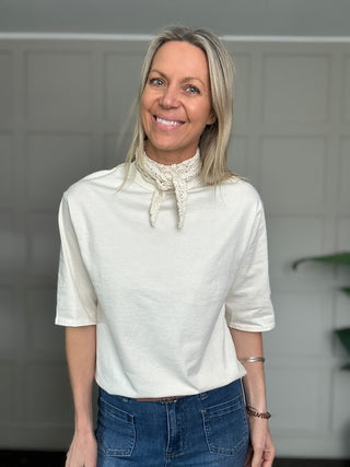 St Louis T Shirt with Crochet Scarf - Dusky Pink, Ecru
