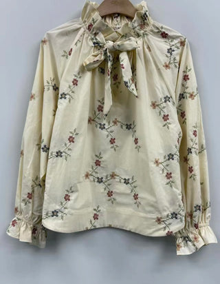 Scotney Embroidered Blouse with Ruffle Collar and Tie Detail Ruffle Collar  - Ecru