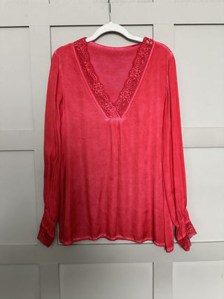 Neava Long Sleeve Lace Trimmed, Satin Feel Top - 11 Colours