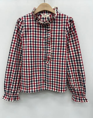 Highclere Blouse with Ruffle and Rik Rak Details  - Navy, Red