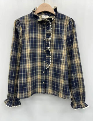 Highclere Blouse with Ruffle and Rik Rak Details  - Navy, Red